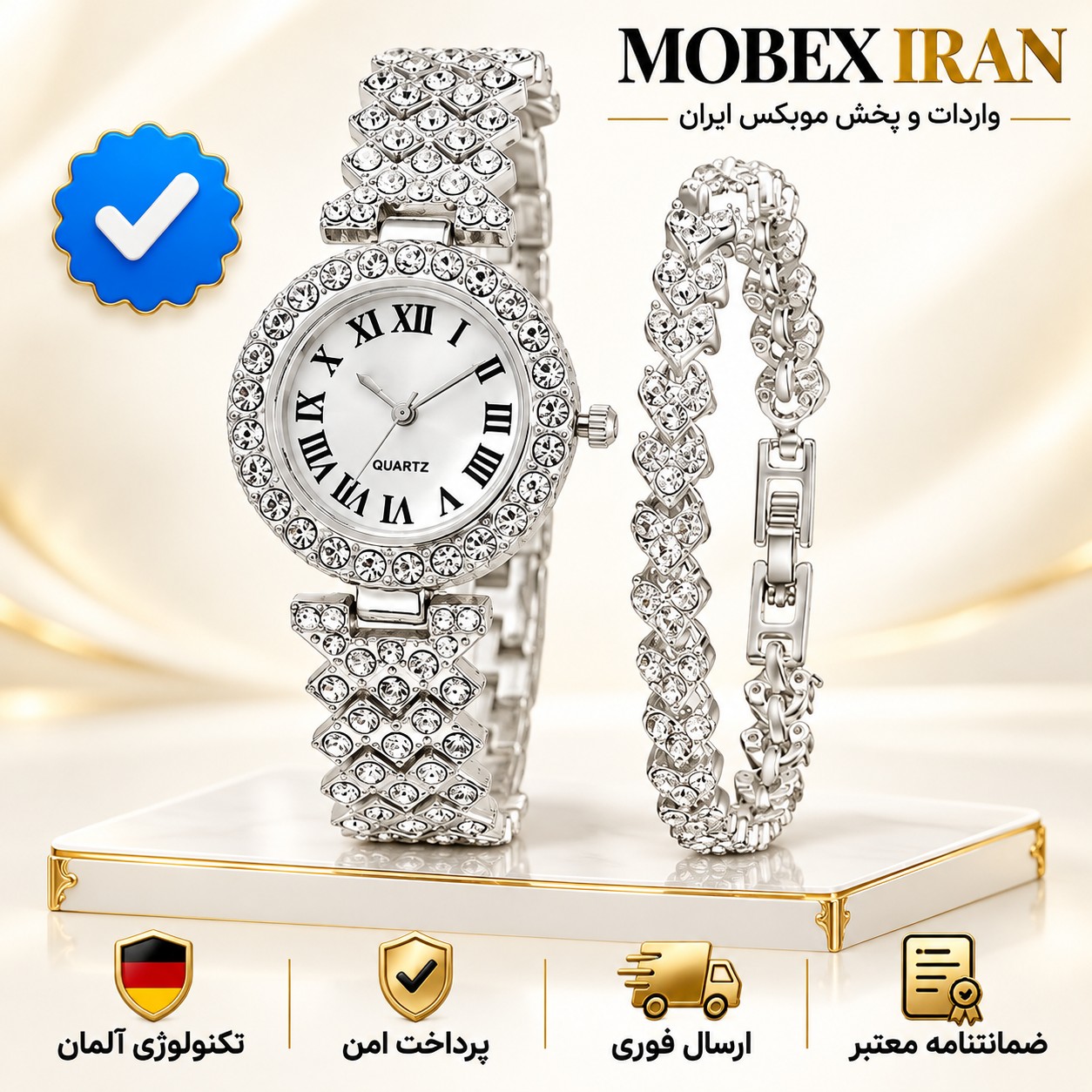 ساعت مچی دخترانه با دستبند نگین دار/رنگ ثابت/باضمانت